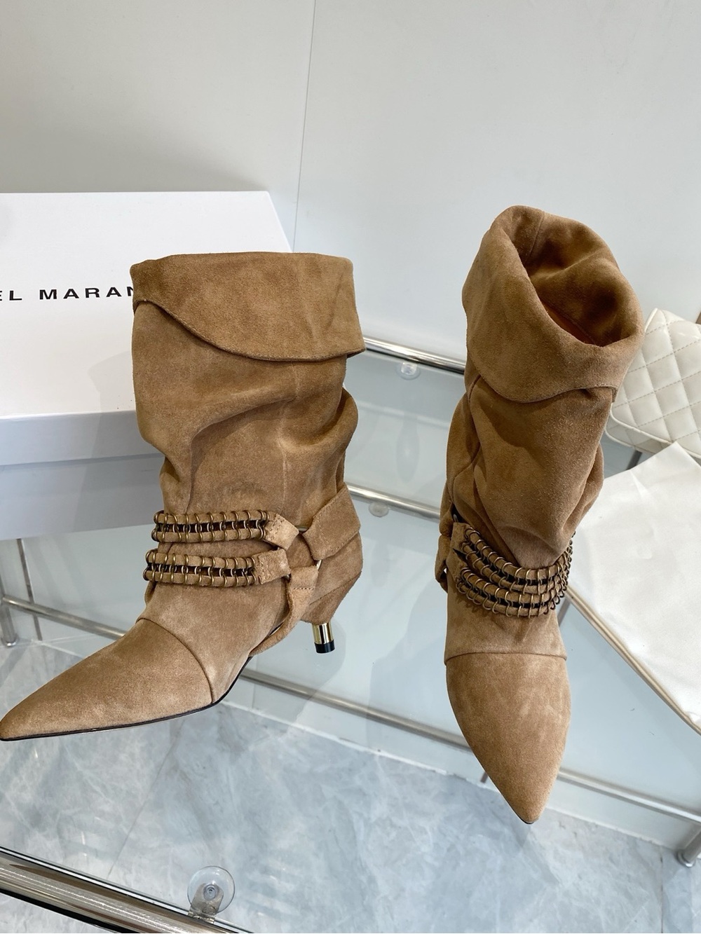 Isabel Marant Tan Suede Slouchy Ankle Booties with Chain Detail